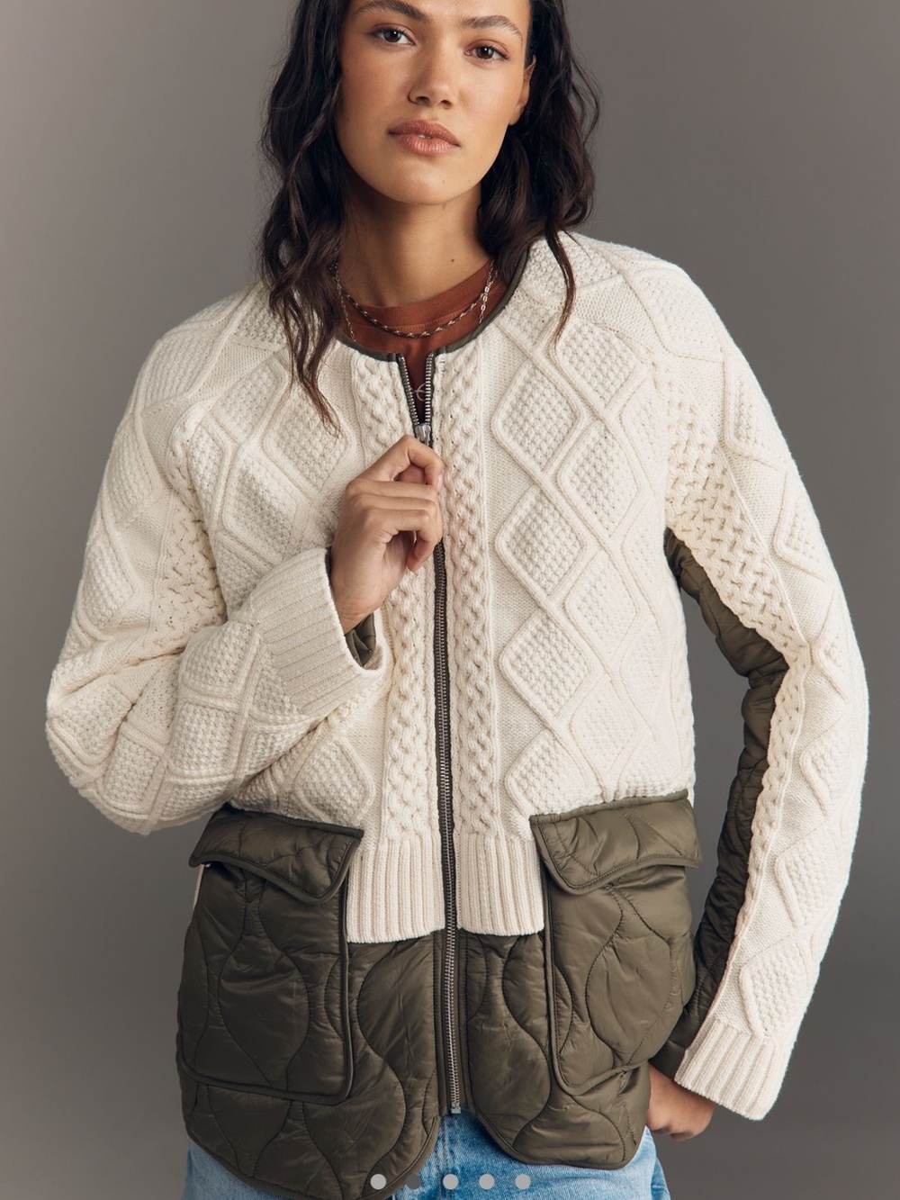 Anthropologie Cream Cable Knit & Olive Quilted Jacket size large